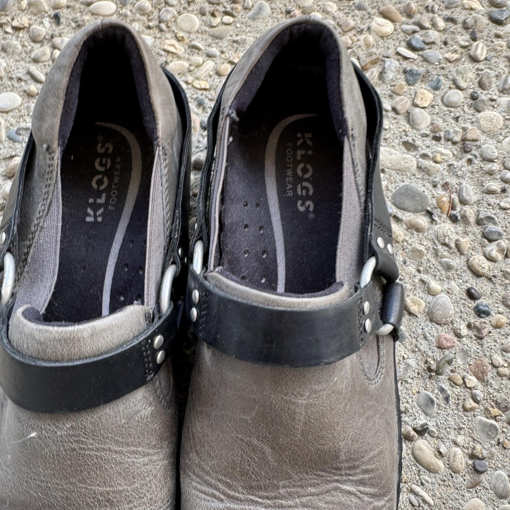 Klogs Footwear Shoes Womens Size 8.5 Gray Leather Clog Mule Black Harness Strap‎ - Picture 4 of 12